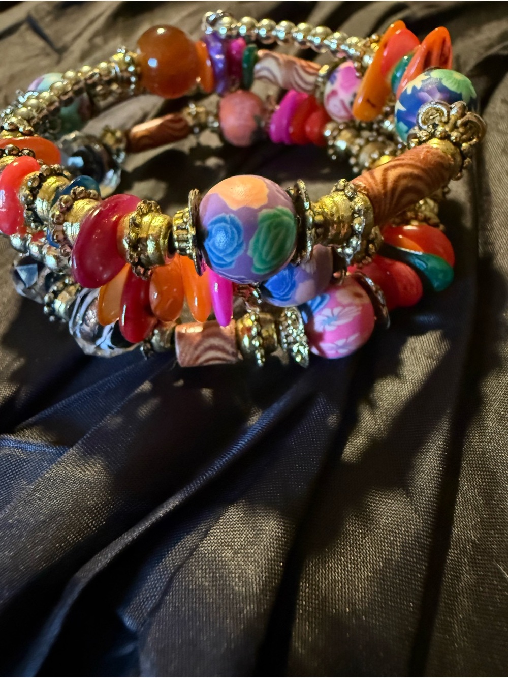 Colorful Floral Beaded Coil Memory Wire Bracelet